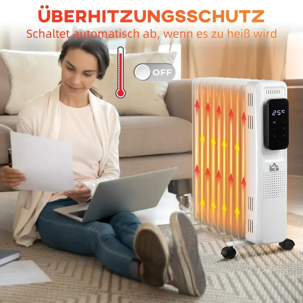 Ölradiator tragbar elektrisch Heizkörper 1830-2180W 3 Heizstufen 24-Stunden-Timing mit 4 Rollen Stahl 42,5 x 24 x 63 cm