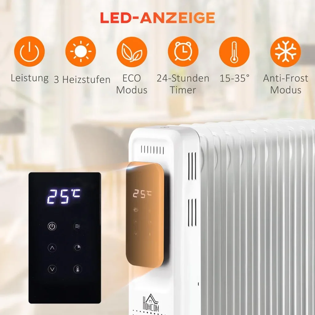 Ölradiator tragbar elektrisch Heizkörper 1830-2180W 3 Heizstufen 24-Stunden-Timing mit 4 Rollen Stahl 42,5 x 24 x 63 cm