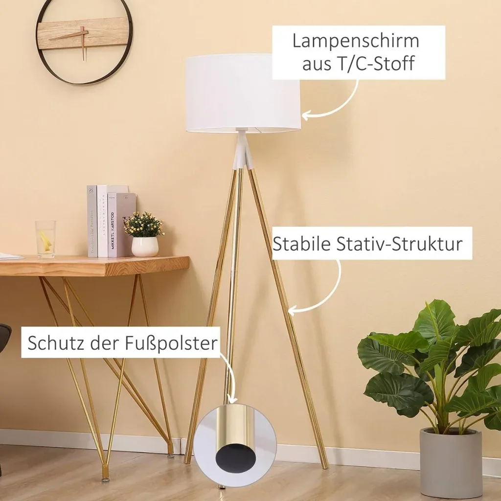 Stehlampe Wohnzimmer Tripod Stehleuchte 40W moderne Standleuchte mit E27 Fassung Metallfuß für Schlafzimmer Büro Weiß+Go