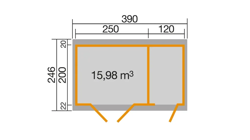 Gartenhaus 254 Gr.1, 394 x 246 x 222 cm graphitgrau, 28 mm, Doppeltür, mit 2. Raum Einzeltür