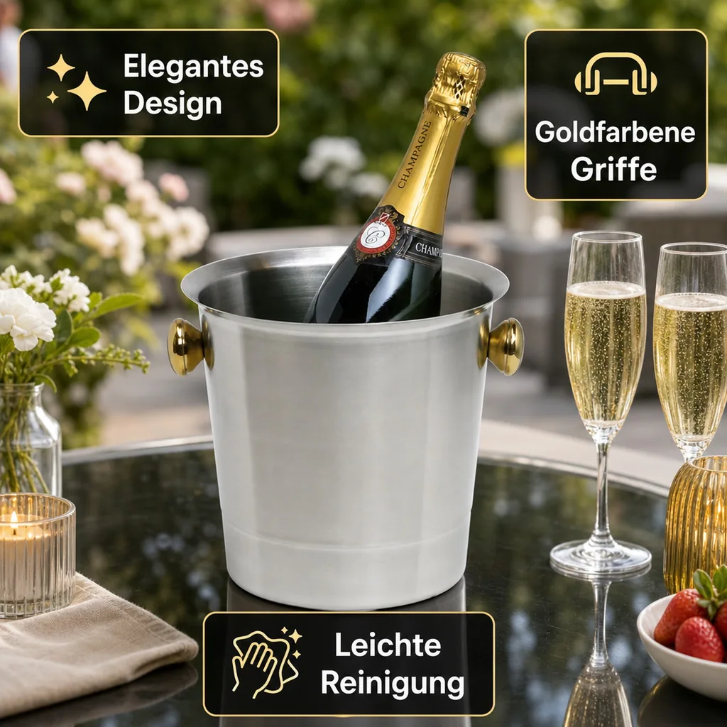 Flaschenkühler, Getränkekühler, Sekt-/Champagnerkübel, 5,0 L - Edelstahl Matt & Goldfarbene Griffe - Luxus & Qualität