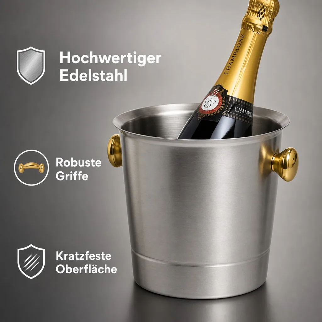 Flaschenkühler, Getränkekühler, Sekt-/Champagnerkübel, 5,0 L - Edelstahl Matt & Goldfarbene Griffe - Luxus & Qualität