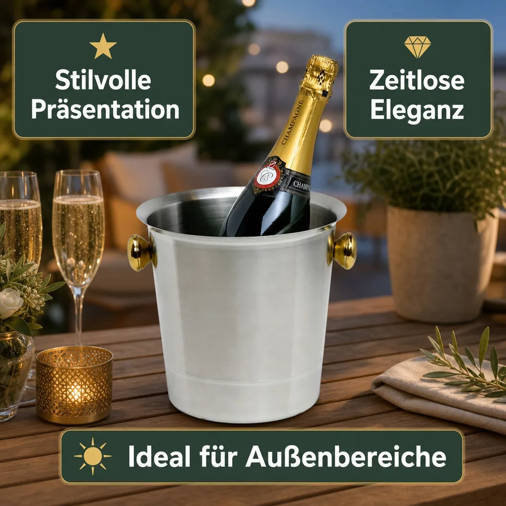 Flaschenkühler, Getränkekühler, Sekt-/Champagnerkübel, 5,0 L - Edelstahl Matt & Goldfarbene Griffe - Luxus & Qualität