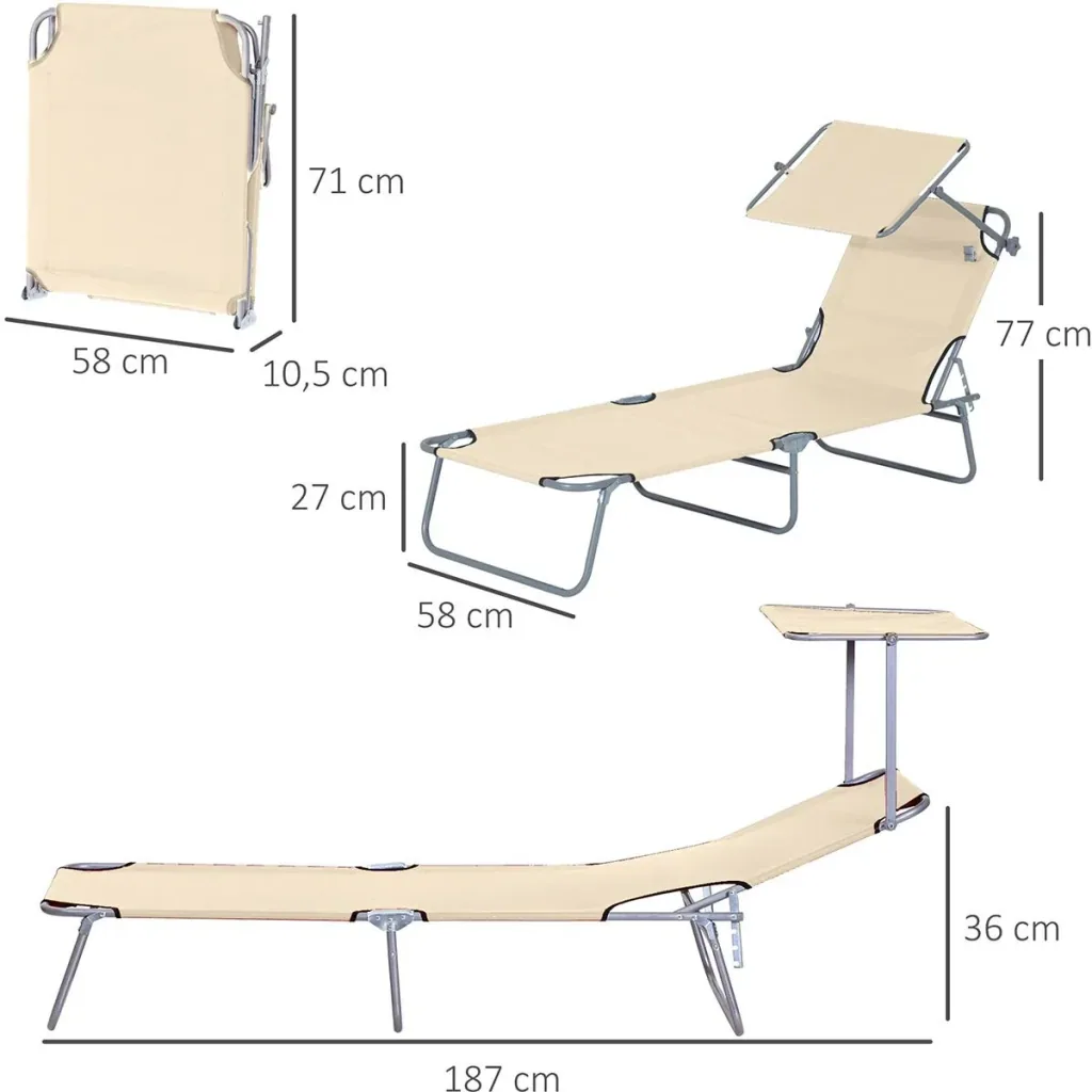 Gartenliege - klappbar - mit Sonnenschirm - Beige - 187 x 58 x 36 cm