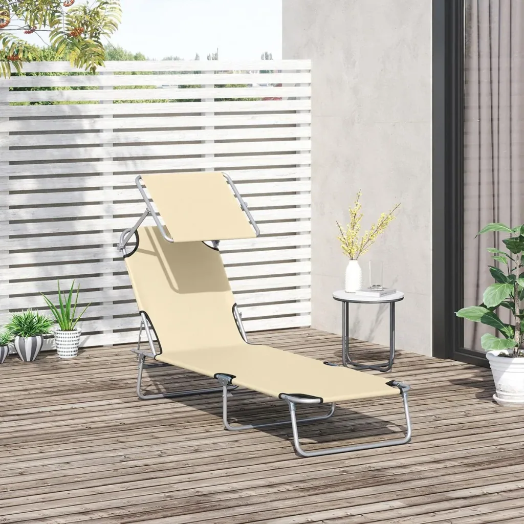 Gartenliege - klappbar - mit Sonnenschirm - Beige - 187 x 58 x 36 cm