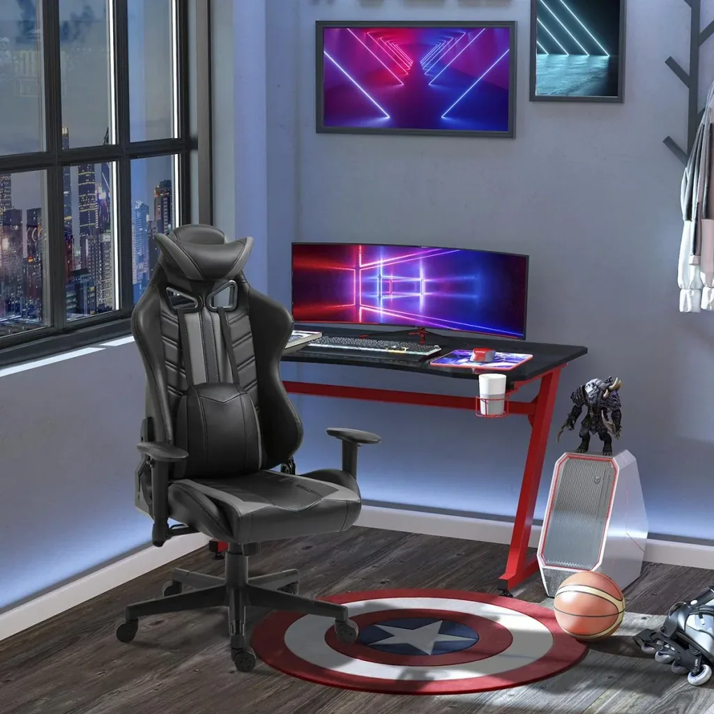 Gamingstuhl mit Wippenfunktion Bürostuhl höhenverstellbar 160° Neigungswinkel Schaumstoff Kunstleder Nylon Schwarz+Grau