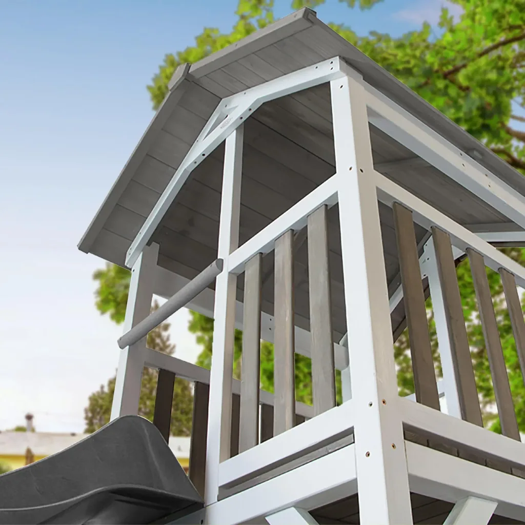 Beach Tower Spielturm mit Klettergerüst und Einzelschaukel - Graue Rutsche