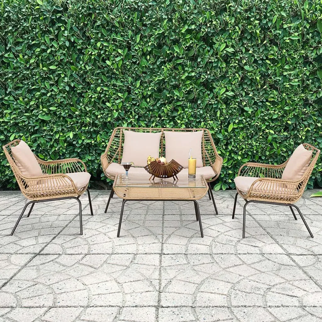 Sitzgruppe, Outdoor Sitzgarnitur, Gartenmöbel Set mit Beistelltisch, Metall, Rattan, Beige, 118 x 69 x 73 cm