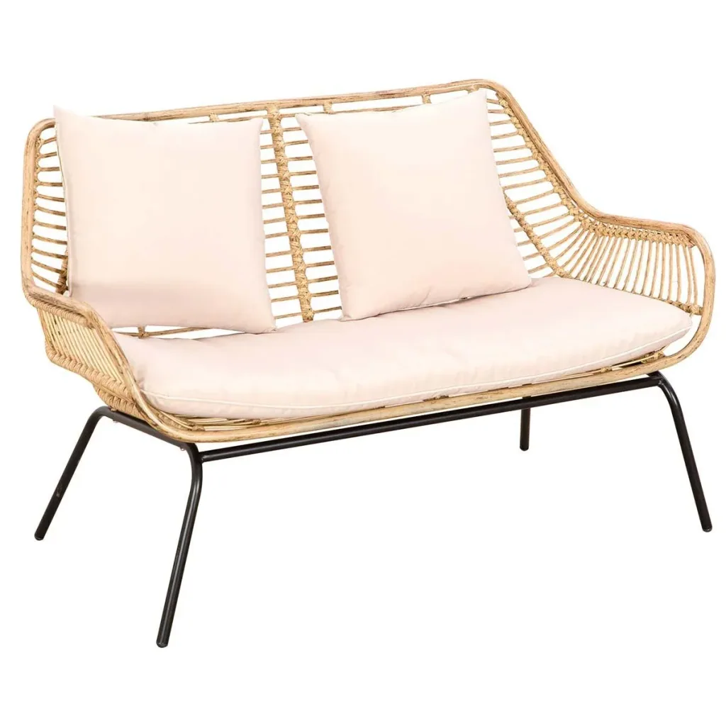 Sitzgruppe, Outdoor Sitzgarnitur, Gartenmöbel Set mit Beistelltisch, Metall, Rattan, Beige, 118 x 69 x 73 cm