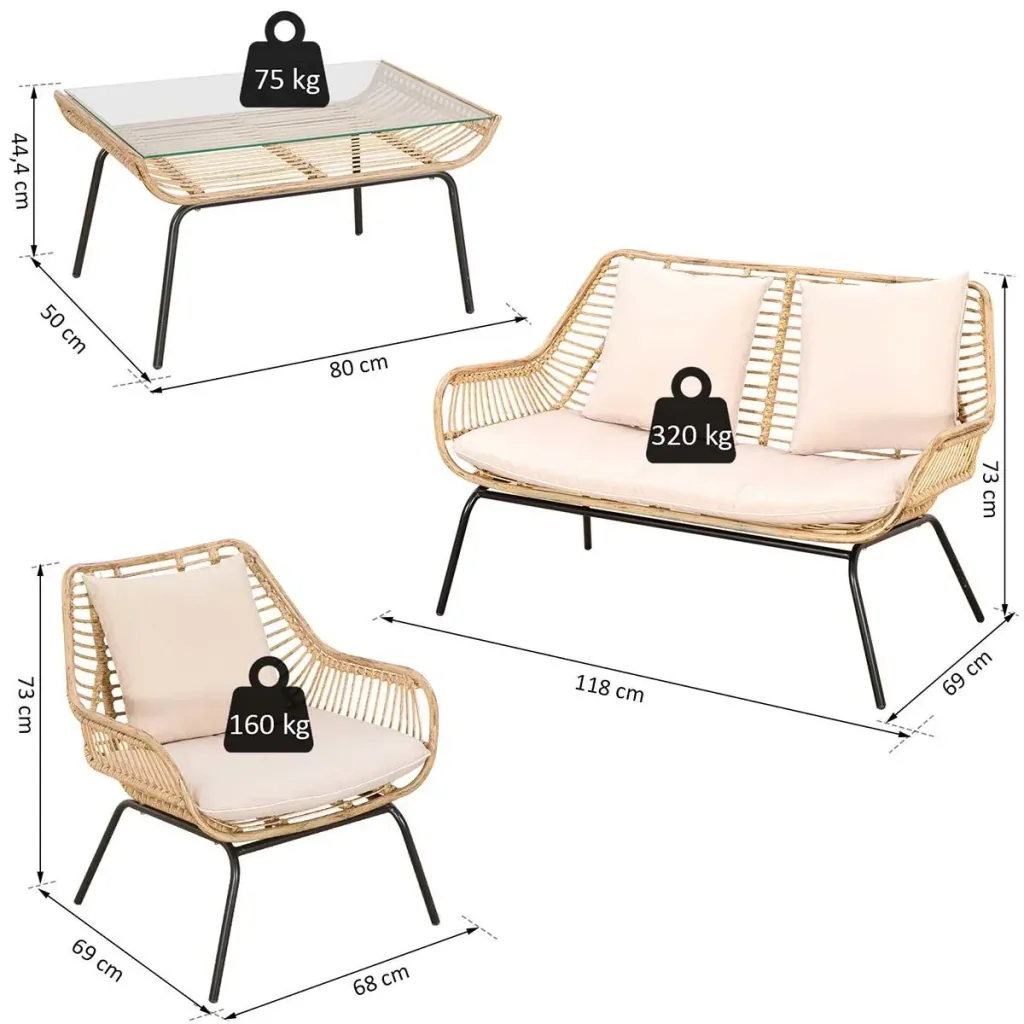 Sitzgruppe, Outdoor Sitzgarnitur, Gartenmöbel Set mit Beistelltisch, Metall, Rattan, Beige, 118 x 69 x 73 cm