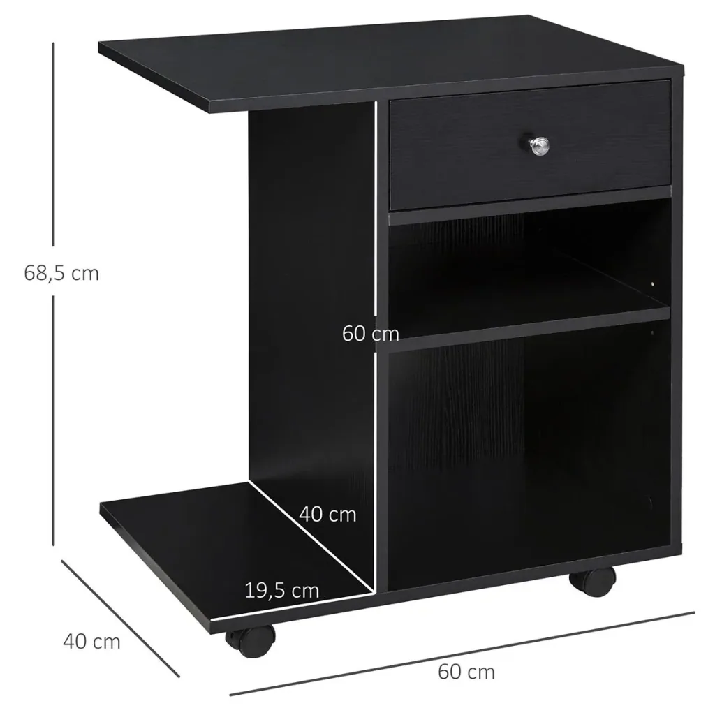 Druckertisch, Druckerständer, Bürowagen, Rollwagen mit Schublade+2 Ablagen+CPU-Ständer, Spanlatte, Schwarz, 60 x 40 x 68