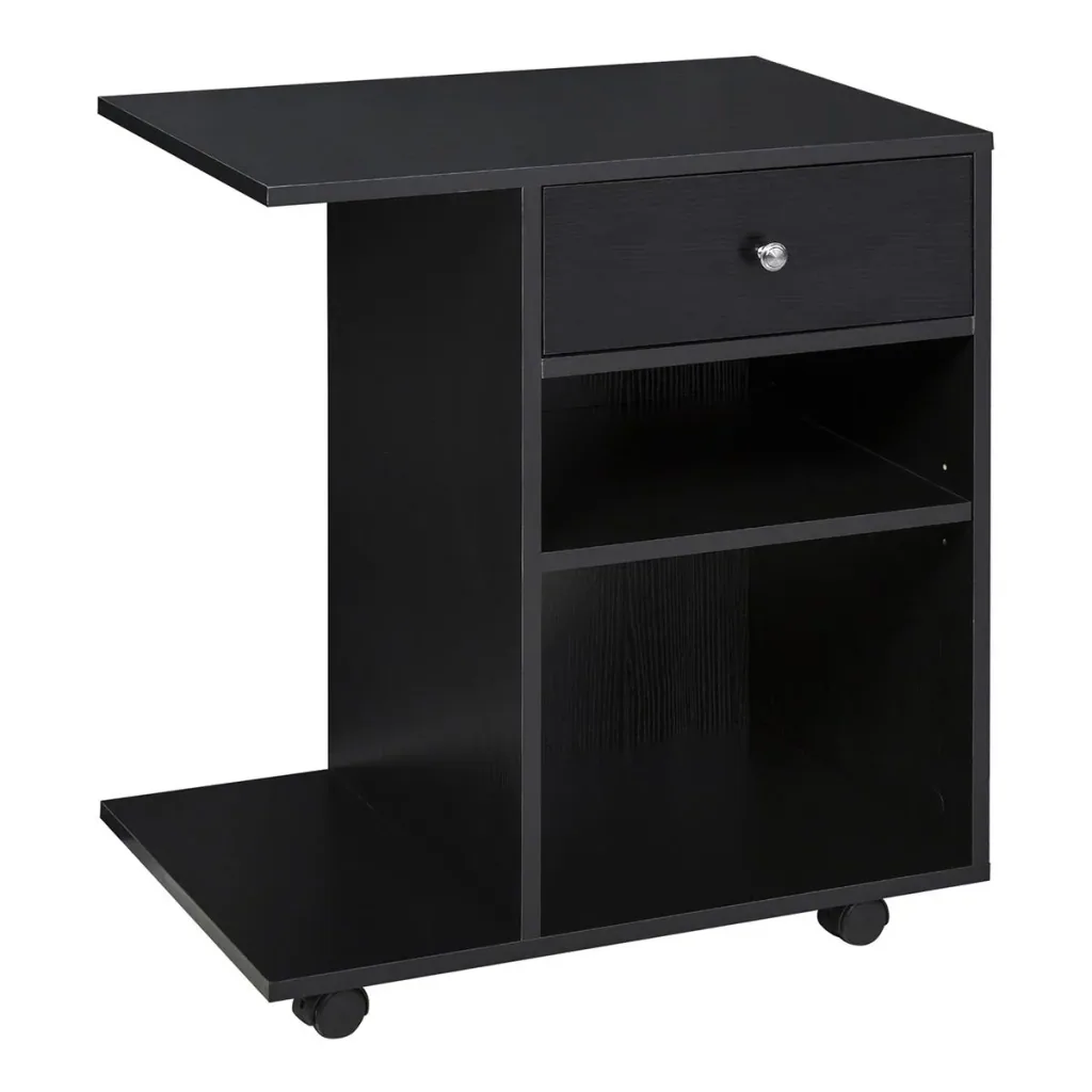 Druckertisch, Druckerständer, Bürowagen, Rollwagen mit Schublade+2 Ablagen+CPU-Ständer, Spanlatte, Schwarz, 60 x 40 x 68