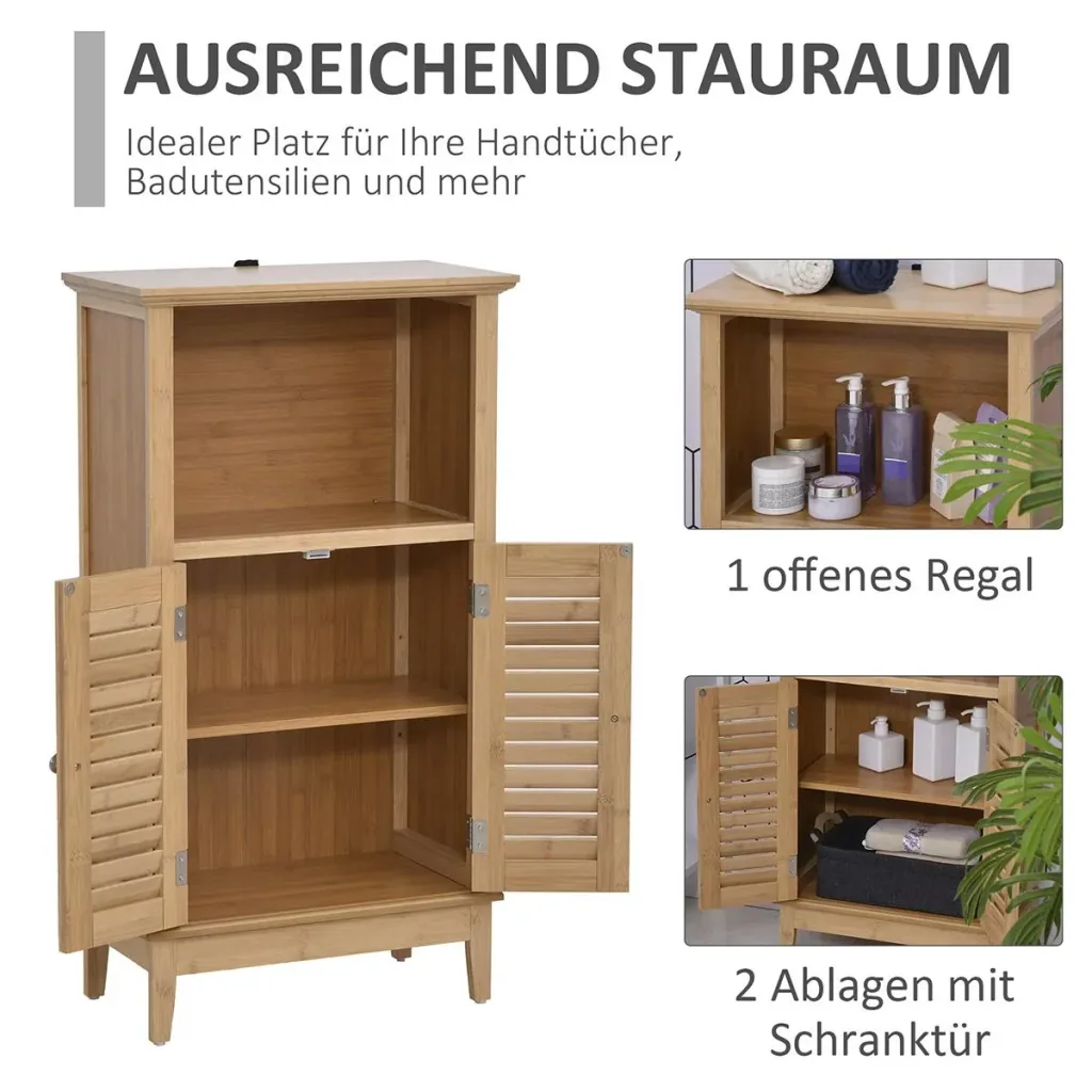 Badzimmerschrank mit offenem Regal, Badregal, Badezimmer Standregal, Bambus, Natur, 50 x 25,5 x 92 cm