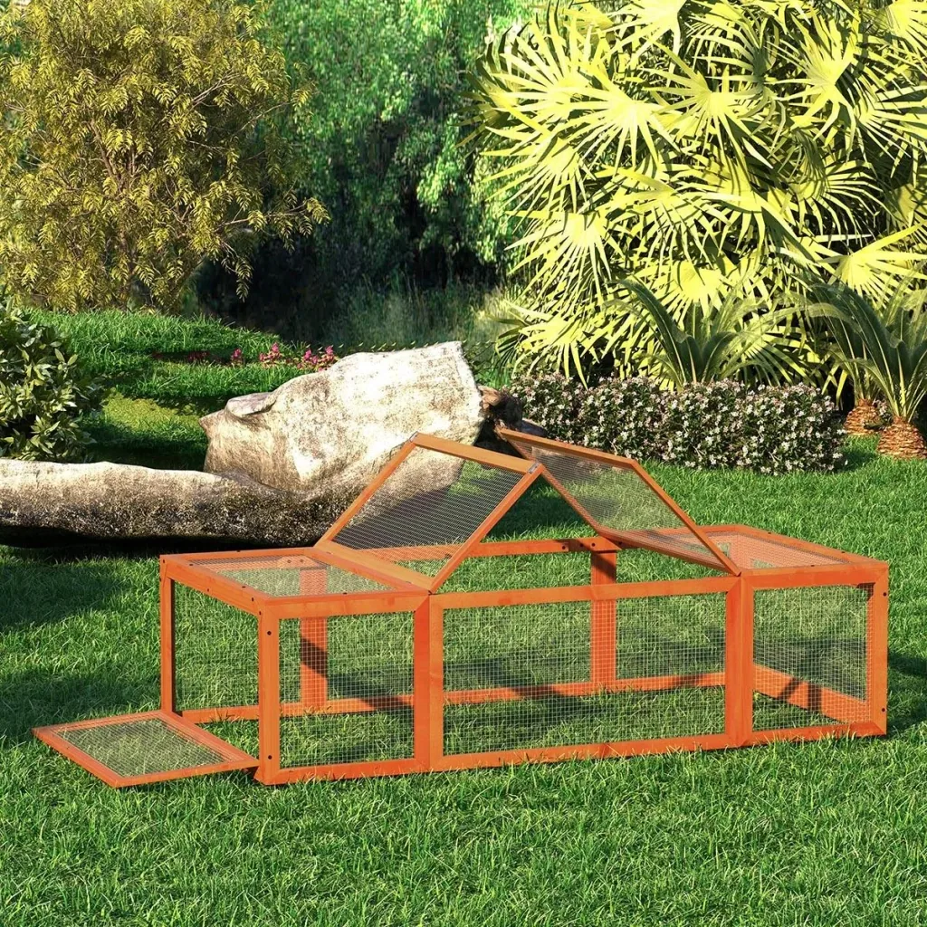 Zwergkaninchenstall mit Freilaufgehege, Kleintierstall, Massivholz, Multifunktional, Orange, 180 x 90 x 48 cm
