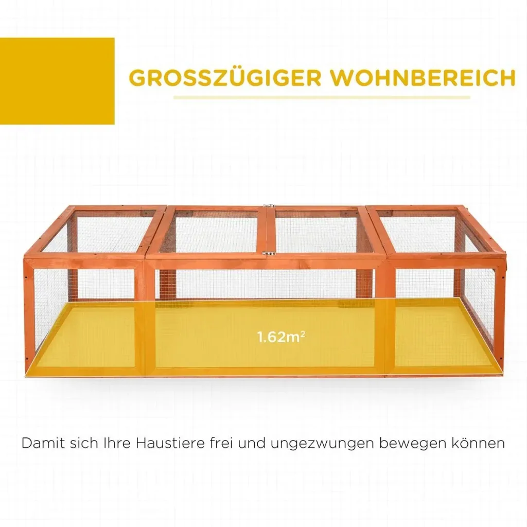 Zwergkaninchenstall mit Freilaufgehege, Kleintierstall, Massivholz, Multifunktional, Orange, 180 x 90 x 48 cm