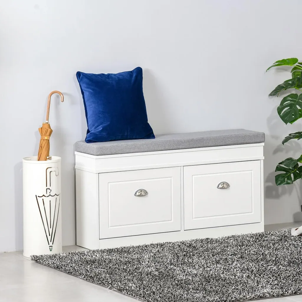 Schuhregal Schuhbank mit Kissen und 2 Schubladen Spanplatte MDF Polyester Schaumstoff Weiß+Grau 104 x 24 x 55 cm