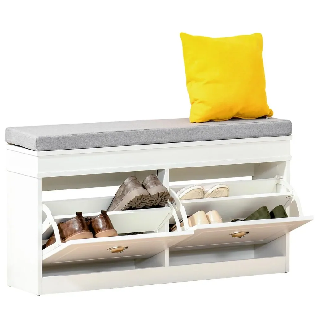 Schuhregal Schuhbank mit Kissen und 2 Schubladen Spanplatte MDF Polyester Schaumstoff Weiß+Grau 104 x 24 x 55 cm