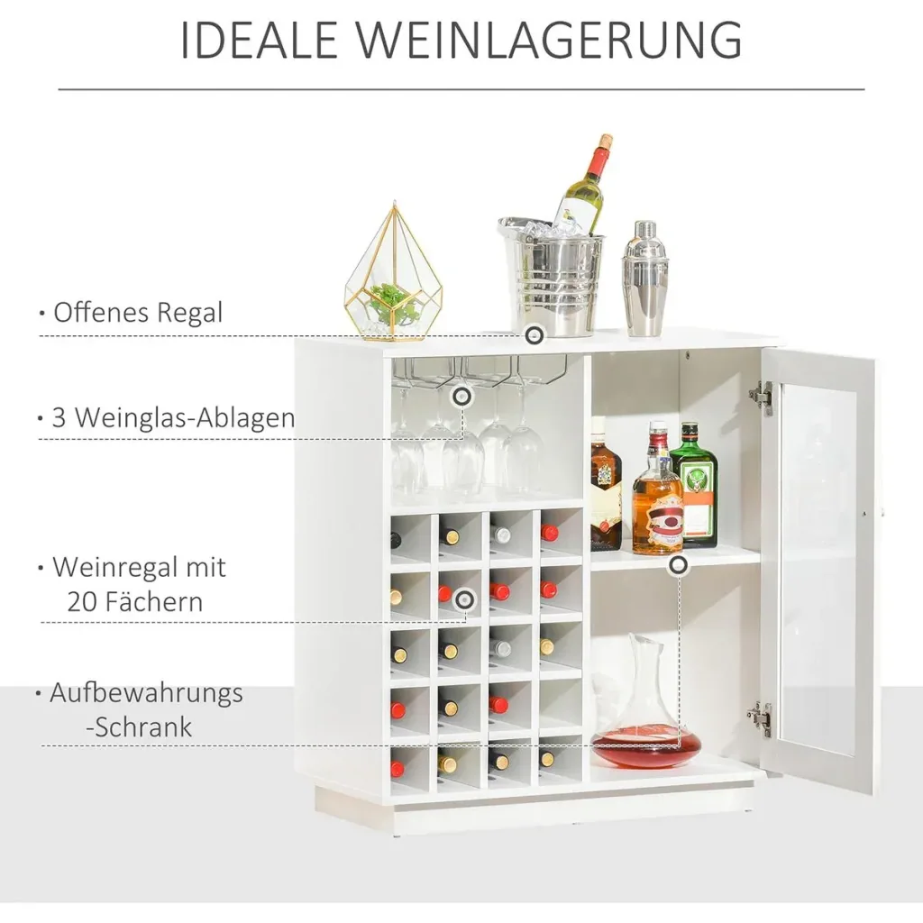 Weinschrank mit Glasvitrine und Weinglashalter Weiß