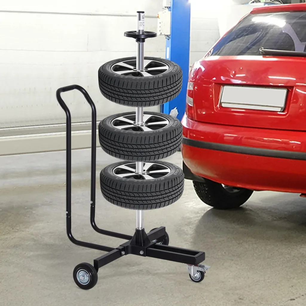 Reifenständer Reifenwagen Felgenbaumwagen felgenschonend fahrbar Schwarz 4 Reifen 240 mm