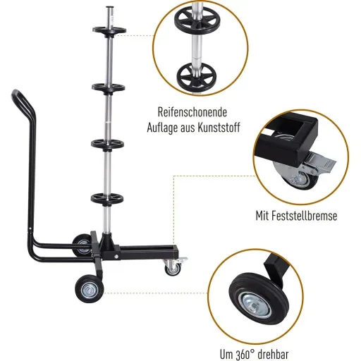 Reifenständer Reifenwagen Felgenbaumwagen felgenschonend fahrbar Schwarz 4 Reifen 240 mm