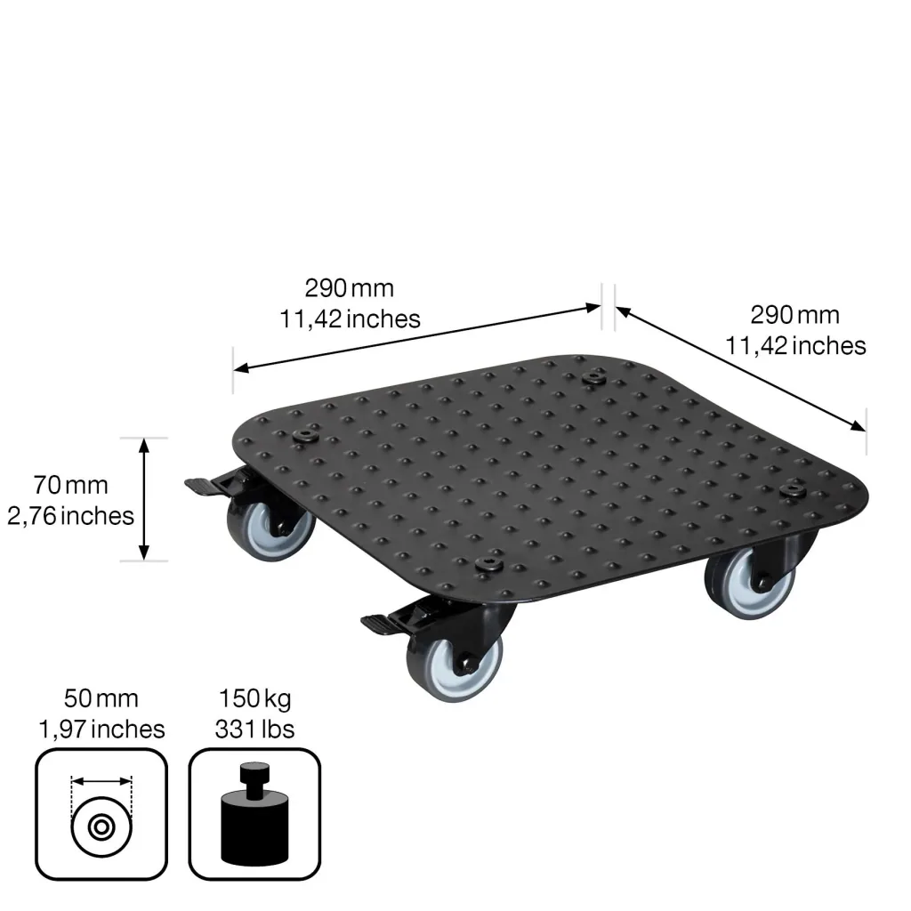 Multi Roller MR 7008, 29 x 29 x 7,5 cm, softe Rollen Ø 50 mm, Gleitlager, 2 Bremsen, Alu Riffelblech, Tragkraft 150 kg