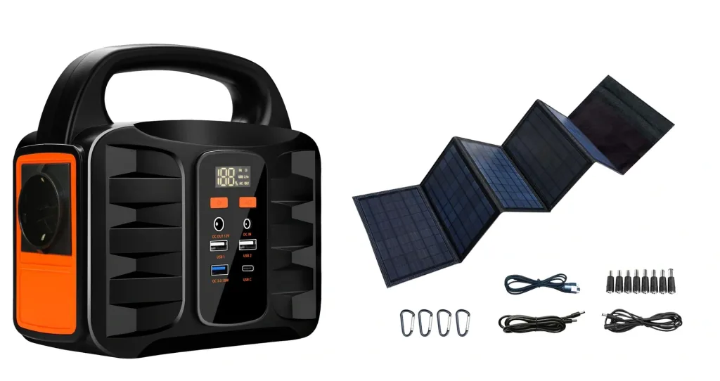 Tragbare Stromversorgungsstation mit Solarpanel und Lampe
