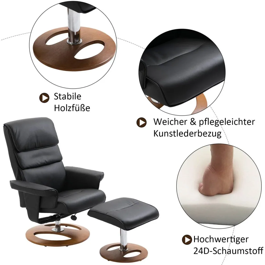 Relaxsessel mit Hocker Fernsehsessel Polstersessel 360° drehbar 120° neigbar PU-Bezug Holzfuß