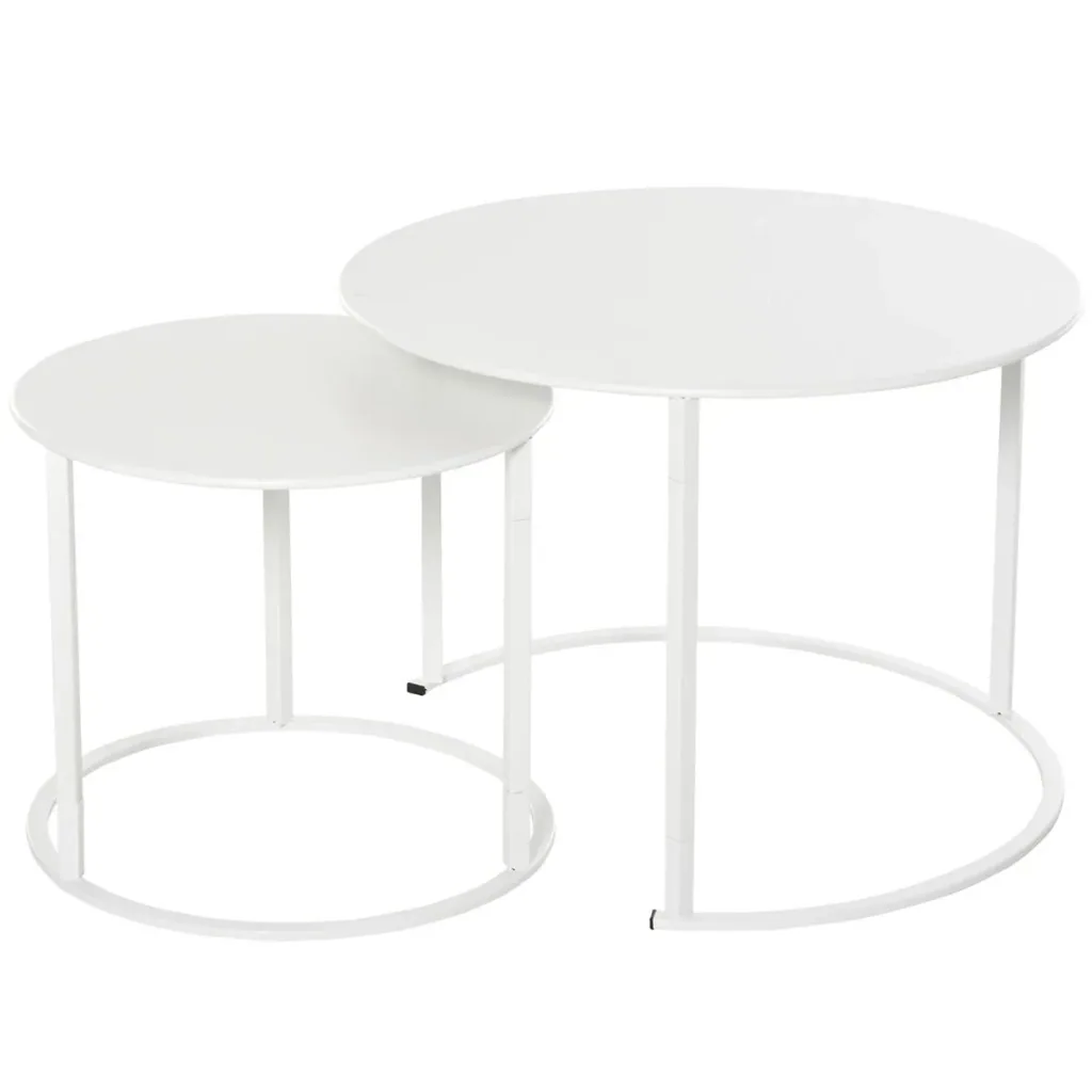 Beistelltisch, 2er Set, Garten Couchtisch, Kaffeetisch mit erhöhten Kanten, Wohnzimmer, Metall Weiß, Ø70 x 50 cm