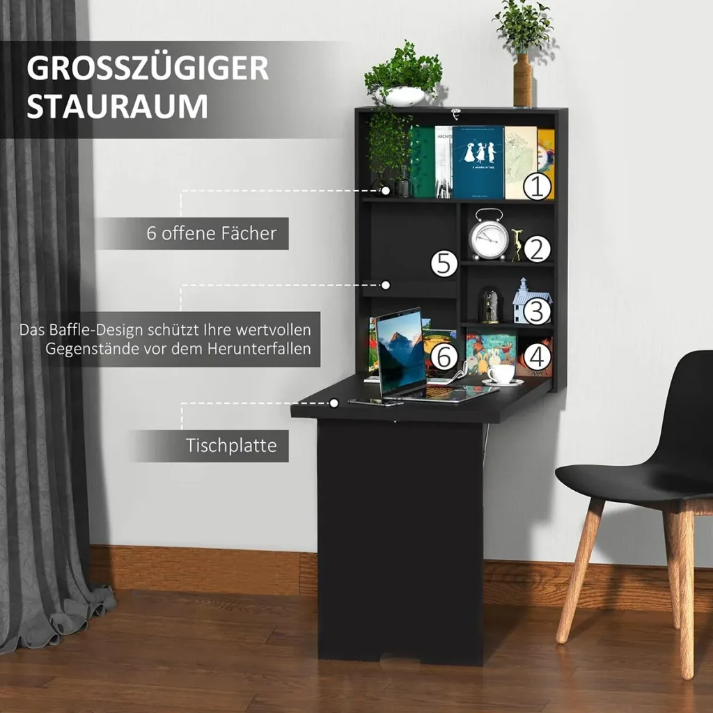 Wandtisch klappbar Wandklapptisch Klappschreibtisch mit Tafel Klappbarer Computertisch mit Stauraum Esstisch für Küche W