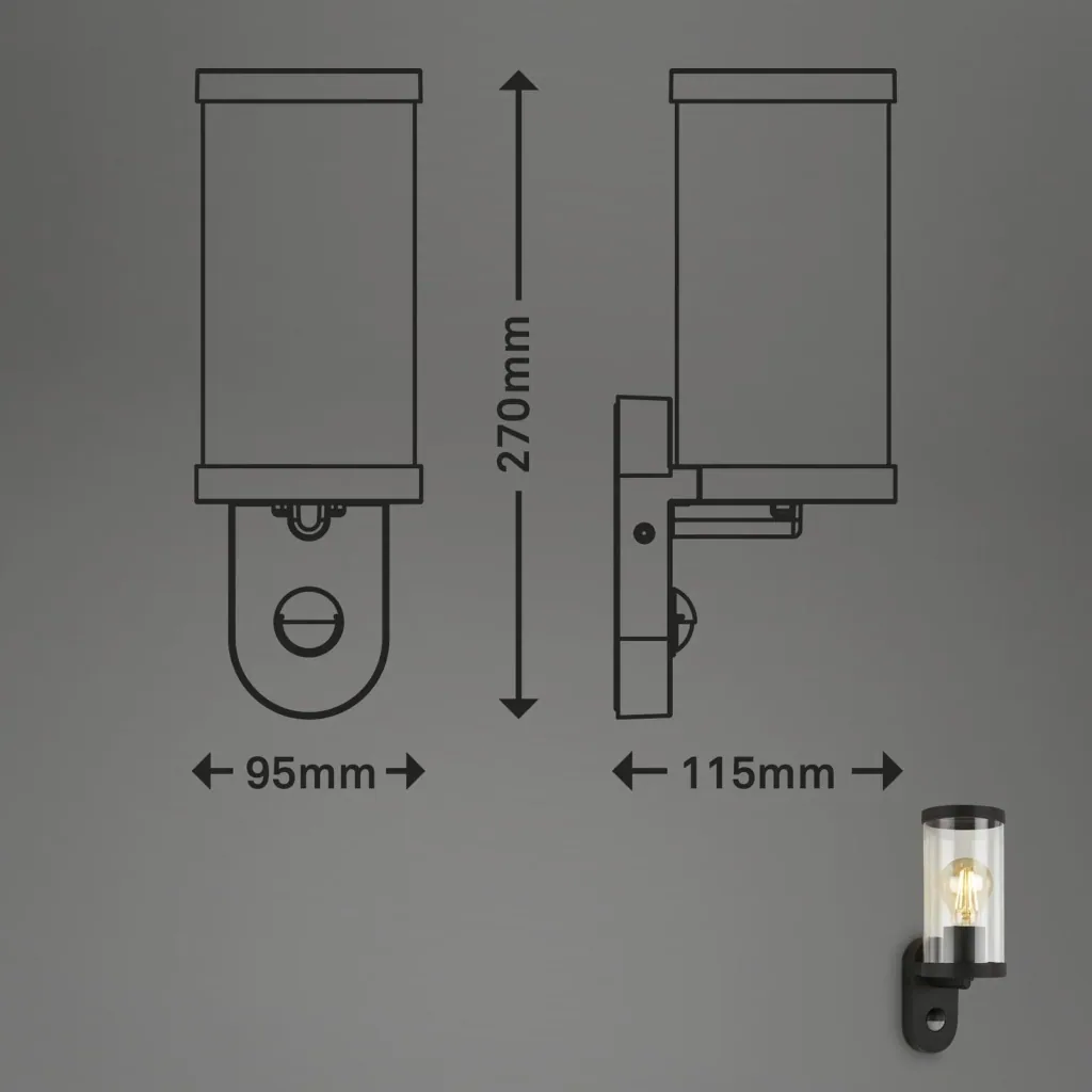 Außenleuchte mit Bewegungsmelder, Metall-Kunststoff / schwarz, IP44, E27 Fassung