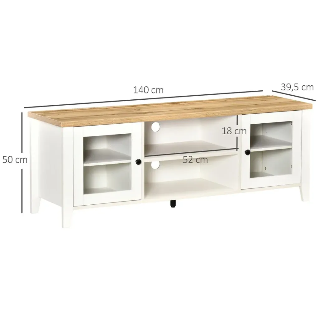 TV-Lowboard Fernsehtisch Fernsehschrank für Fernseher bis zu 60 Zoll mit 2 Glas Türen Regal verstellbar Weiß+Eiche 140 x
