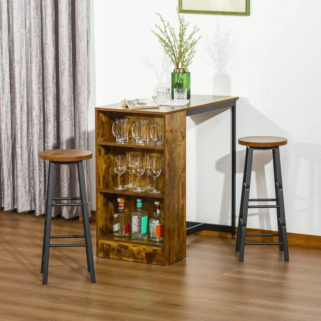 Bartisch-Set Stehtisch mit 2 Barhockern 3-teiliges Tischset Küchentresen mit 3-stufiges Seitenregal Industrie Design Sp