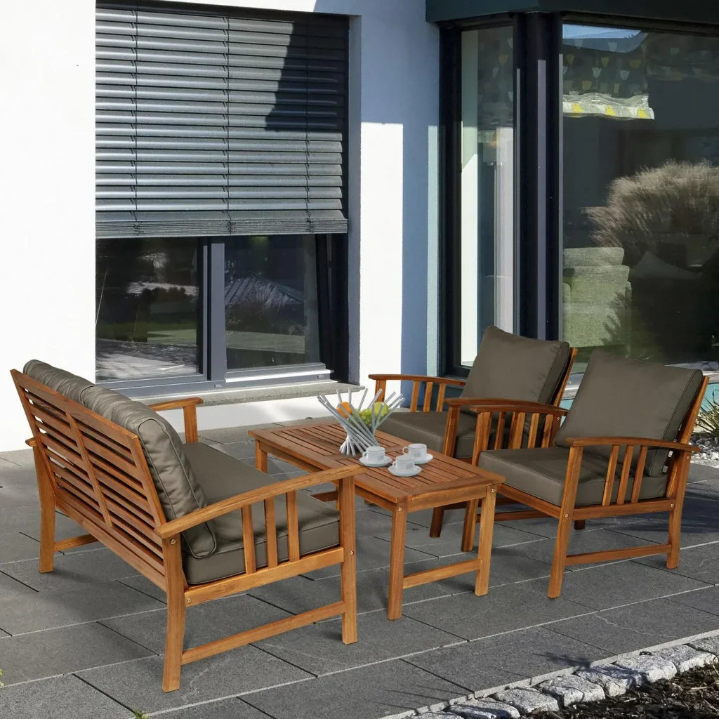 4er-Set Gartenmöbel Holz Sitzgruppe Garnitur Lounge mit Kissen Tisch Sessel Braun 3 4 Personen