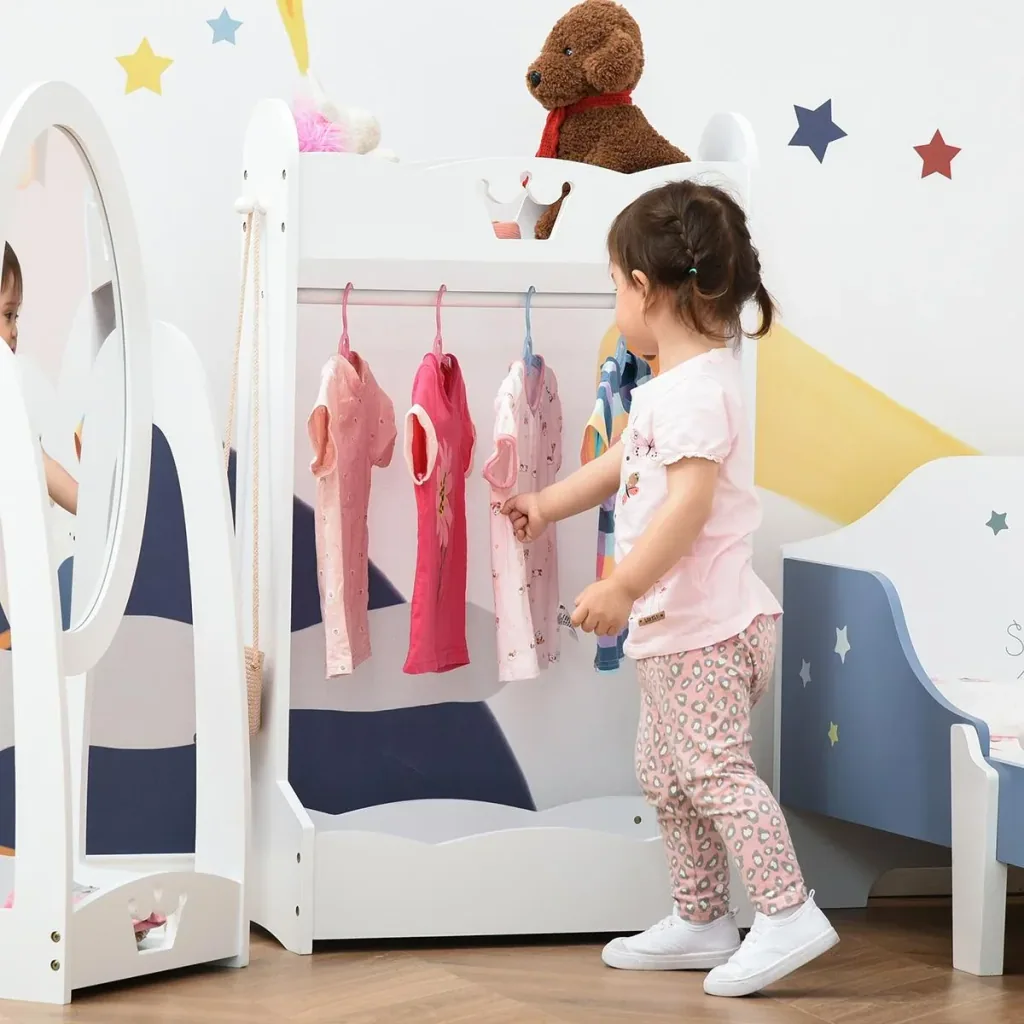 Kinder-Kleiderständer Garderobenständer mit Kleiderstange Kinderzimmer für 3-8 Jahre Kinder Weiß MDF Kiefernholz 63 x 37