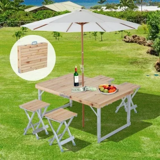 Holz 5tlg Campingtisch Set Picknick Koffertisch Alu