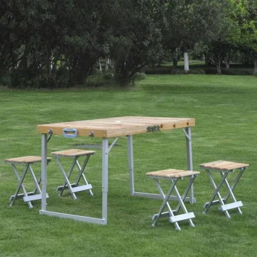 Holz 5tlg Campingtisch Set Picknick Koffertisch Alu