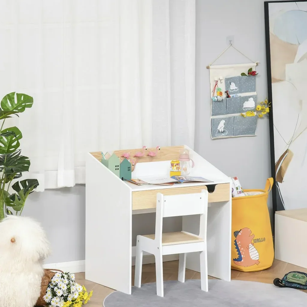 2-tlg. Kindersitzgruppe mit Kindertisch Stuhl für 6-10 Jahre Kindermöbel MDF Weiß+Natur 70 x 50 x 75 cm