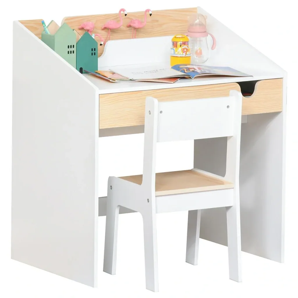 2-tlg. Kindersitzgruppe mit Kindertisch Stuhl für 6-10 Jahre Kindermöbel MDF Weiß+Natur 70 x 50 x 75 cm