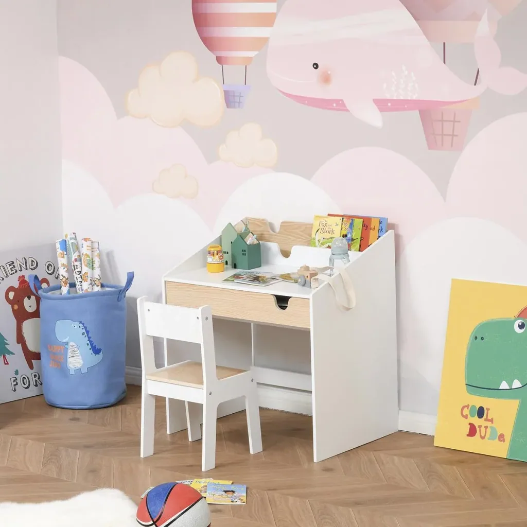 2-tlg. Kindersitzgruppe mit Kindertisch Stuhl für 6-10 Jahre Kindermöbel MDF Weiß+Natur 70 x 50 x 75 cm