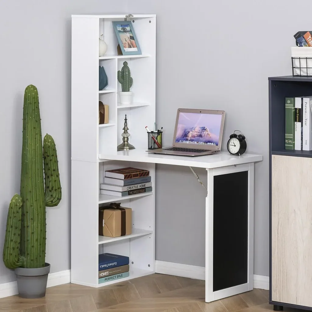 Schreibtisch klappbar mit 6 Fächer Bücherregal mit 3 Regale Computertisch Bürotisch E1 Spanplatte Metallrahmen Weiß 98 x