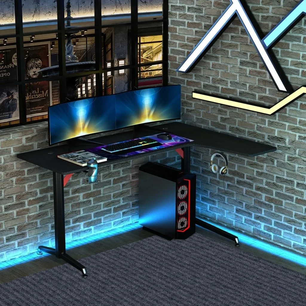 Gaming Tisch PC Tisch Schreibtisch mit Kopfhörerhaken Getränkehalterung Computertisch Metall MDF Schwarz+Rot 157 x 111,8
