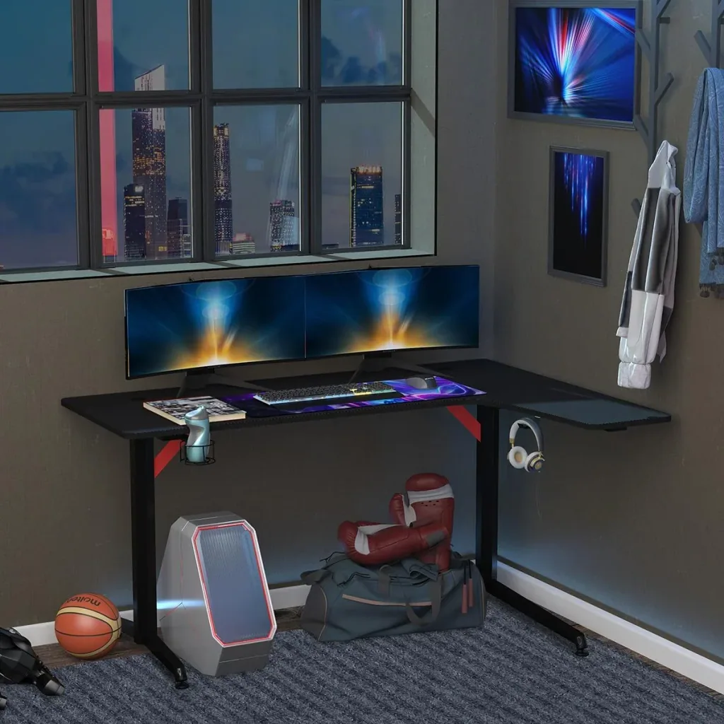 Gaming Tisch PC Tisch Schreibtisch mit Kopfhörerhaken Getränkehalterung Computertisch Metall MDF Schwarz+Rot 157 x 111,8