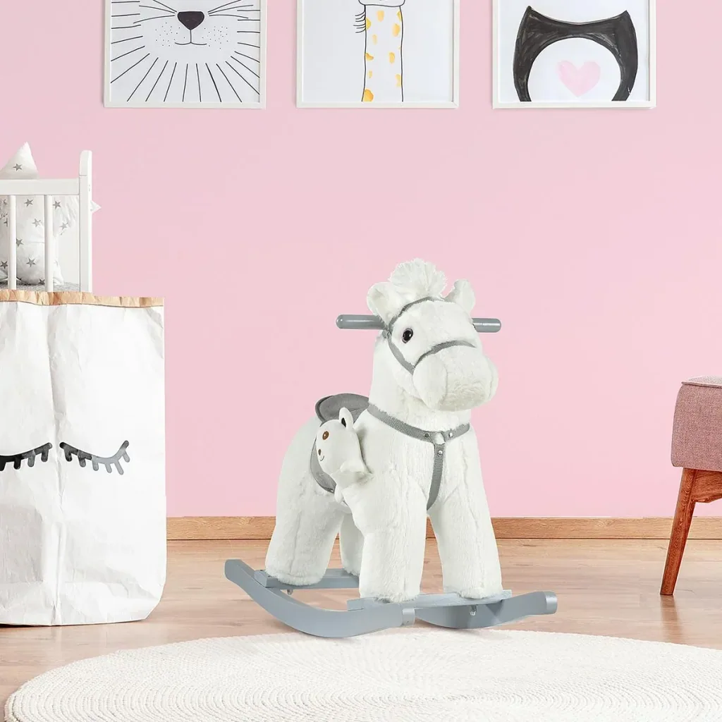 Kinder Schaukelpferd Baby Schaukeltier mit Tiergeräusche Spielzeug Haltegriffe für 18-36 Monate Plüsch Weiß 65 x 26 x 55