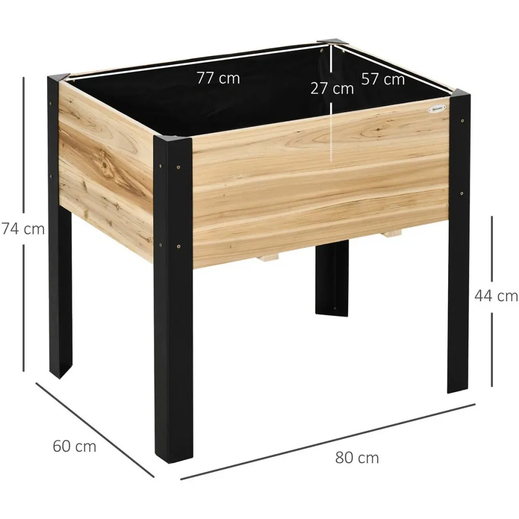 Hochbeet Pflanzkasten Blumenkasten Blumentopf Kräuterbeet mit Vliesstoff Massivholz Stahl Natur+Schwarz 80 x 60 x 74 cm