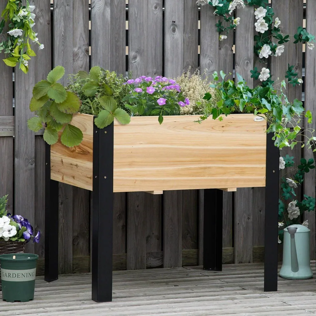 Hochbeet Pflanzkasten Blumenkasten Blumentopf Kräuterbeet mit Vliesstoff Massivholz Stahl Natur+Schwarz 80 x 60 x 74 cm