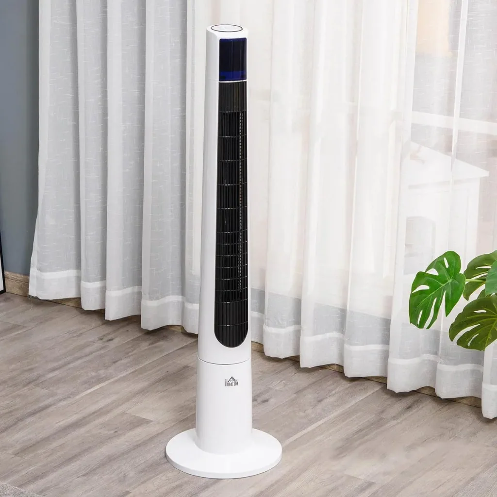 Turmventilator 118,2 cm mit Fernbedienung 3 Modi 3-Geschwindigkeiten LED-Anzeige 220-240V 50 W 12-Stunden-Timer Weiß