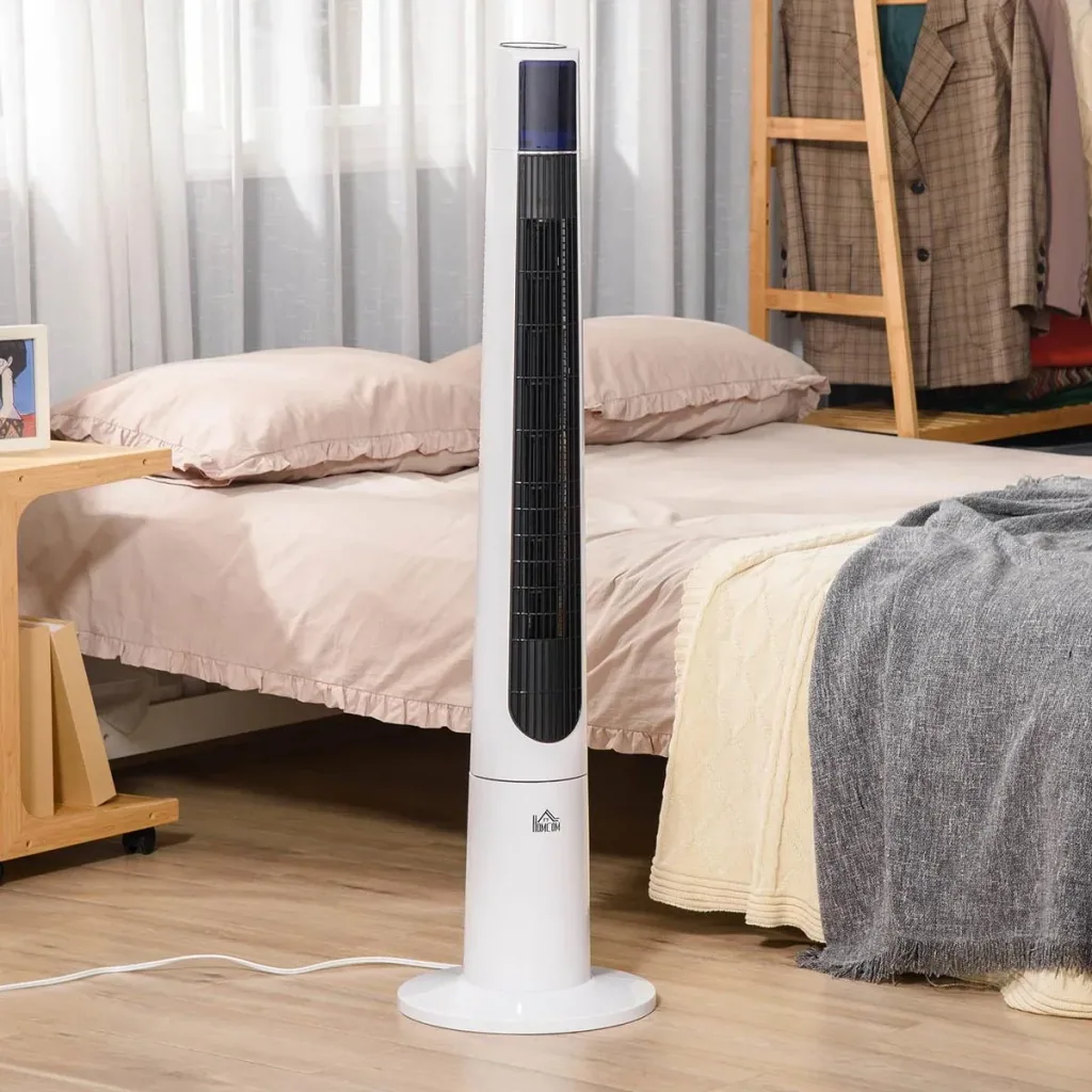 Turmventilator 118,2 cm mit Fernbedienung 3 Modi 3-Geschwindigkeiten LED-Anzeige 220-240V 50 W 12-Stunden-Timer Weiß