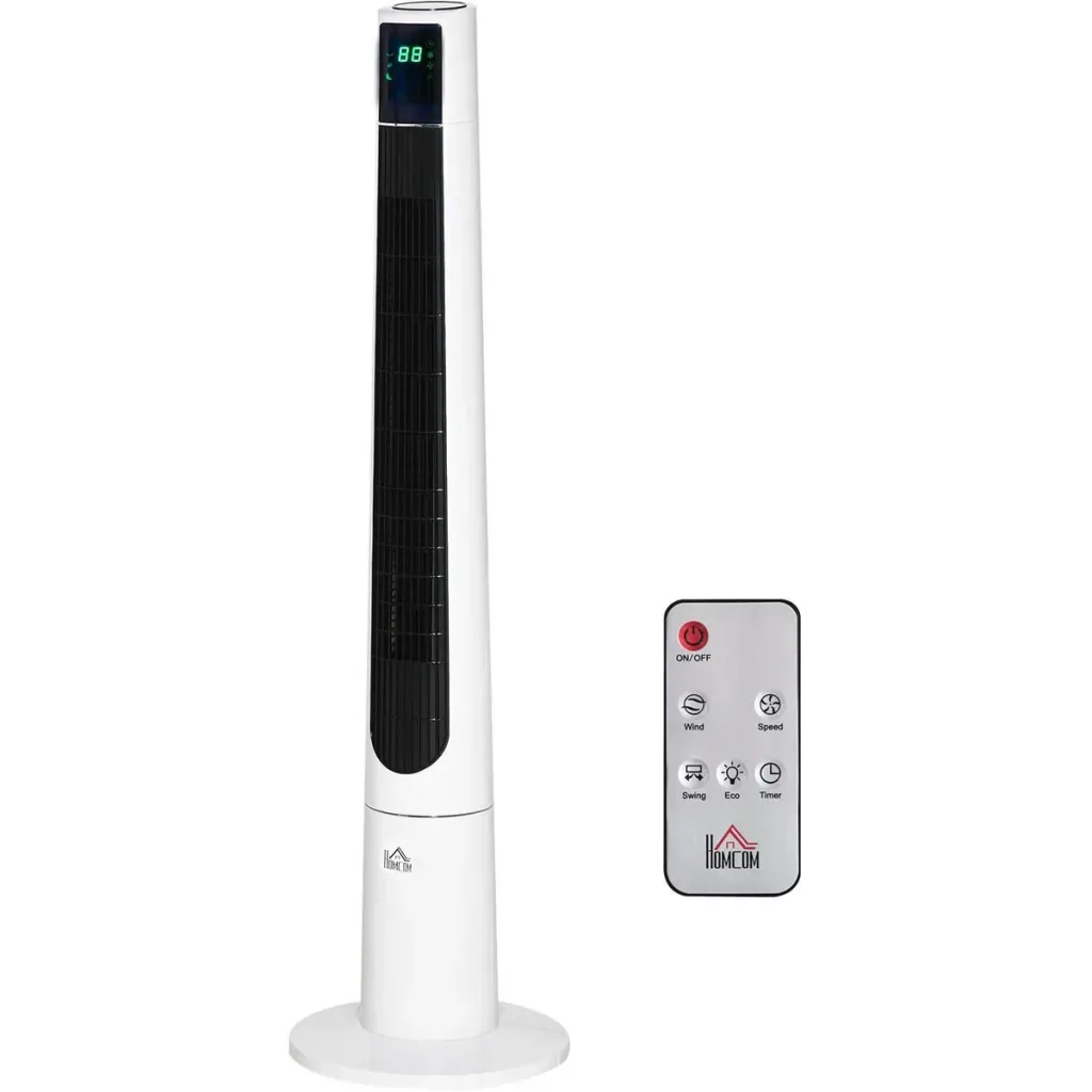 Turmventilator 118,2 cm mit Fernbedienung 3 Modi 3-Geschwindigkeiten LED-Anzeige 220-240V 50 W 12-Stunden-Timer Weiß