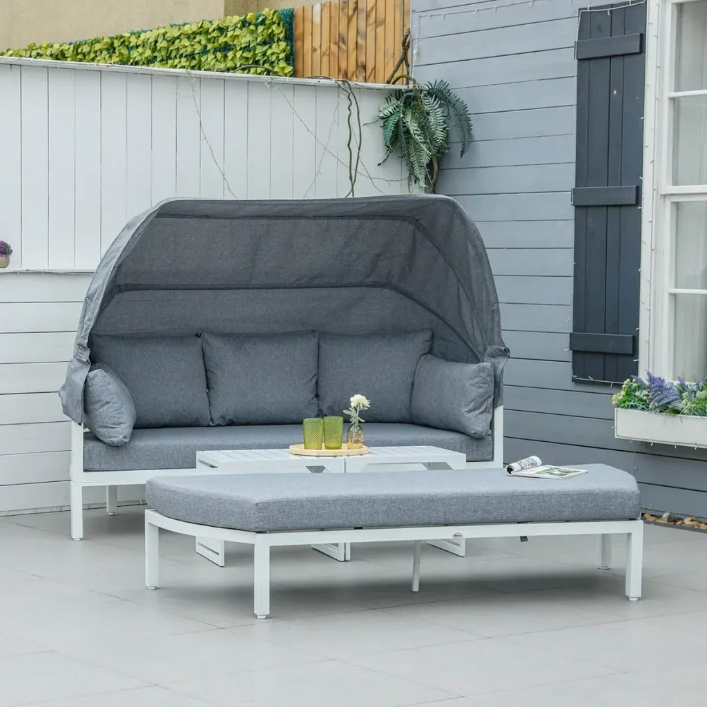 4-tlg. Gartenmöbelset inkl. Sofa mit Dach, Beistelltisch und Bank Aluminium grau/weiß