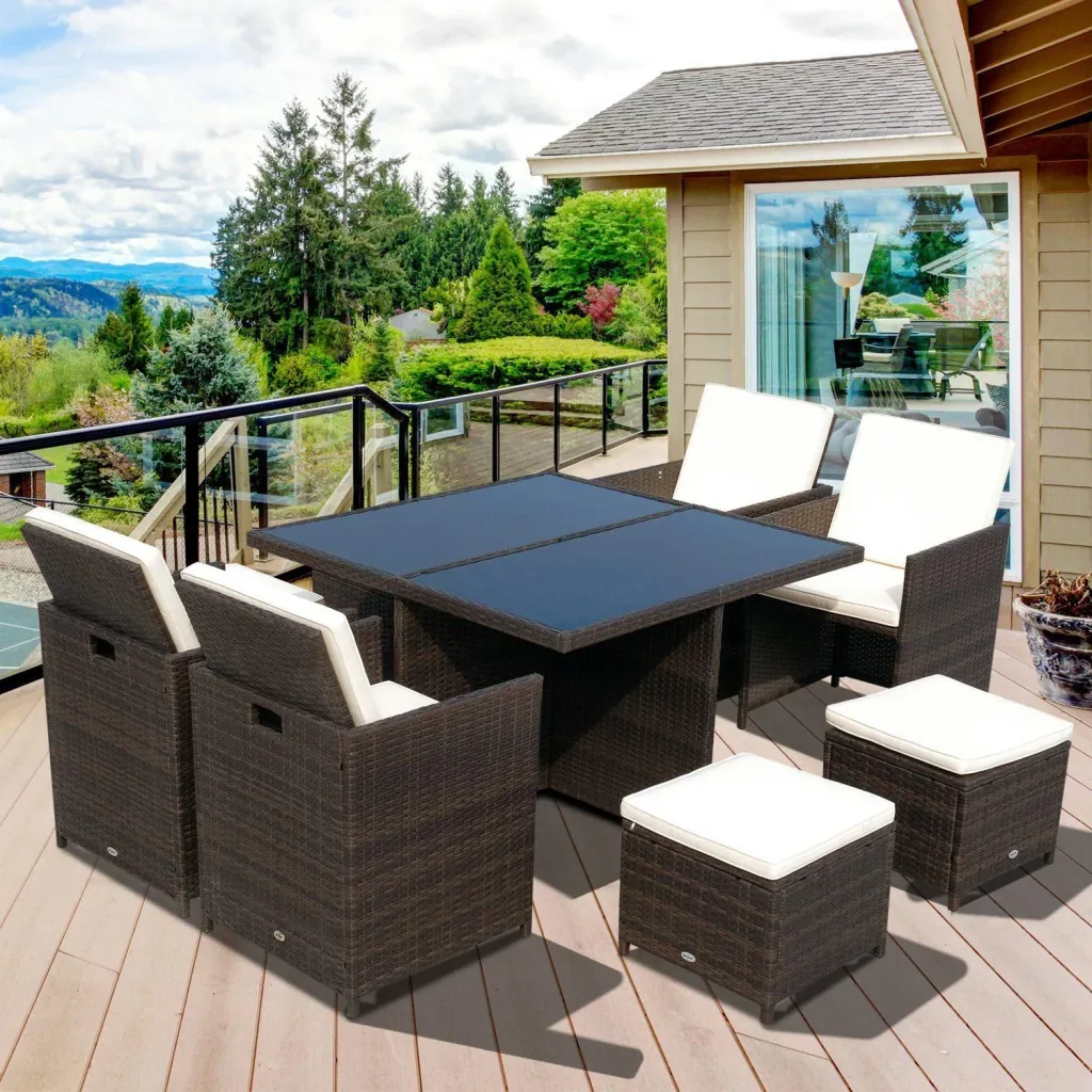 Polyrattan Sitzgruppe Essgruppe 21 tlg, mit Kissen Alu Braun